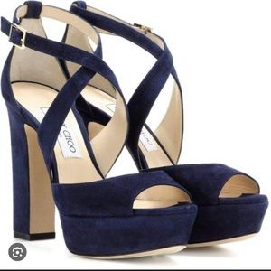 Jimmy Choo Navy Blue Suede April 120 Platform Sandals